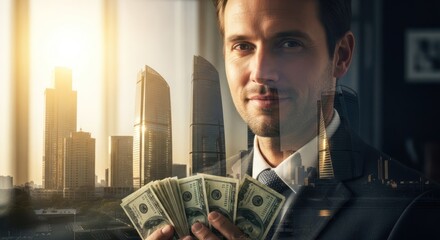 Confident man holds cash; skyscrapers overlaid for wealth imagery