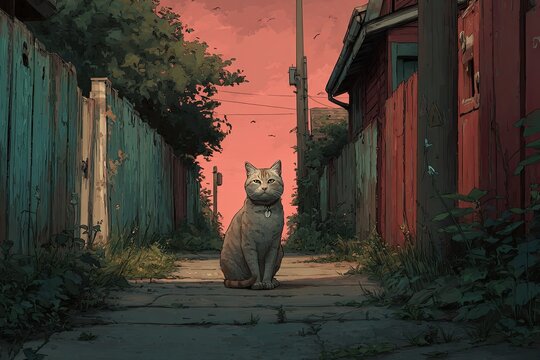 Cat sits in a quiet alleyway at dusk