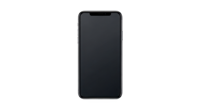 A modern smartphone with a black screen is centered against a plain white background.