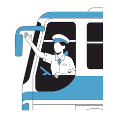 Bus Driver Welcoming: A welcoming bus driver greets passengers with a friendly wave from within the bus. Illustrative image. 