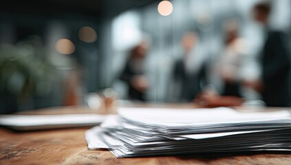Stack of papers on a wooden table, blurred businesspeople in the background