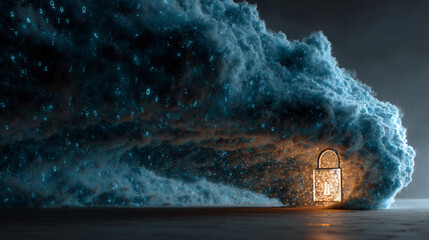 A visual metaphor for post-quantum cryptography, with a glowing, unbreakable lock protecting data from a digital storm.