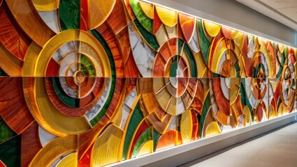 Vibrant mosaic art wall with warm, inviting colors and patterns