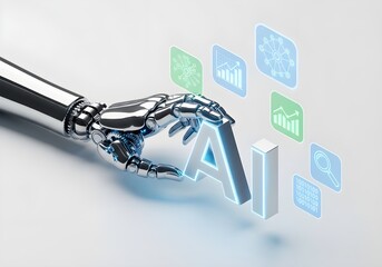 Mechanical palm lifting AI letters surrounded by machine learning icon holograms, clean isometric composition, pure white backdrop.
