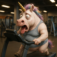 Einhorn schwitzt auf Laufband im Fitnessstudio