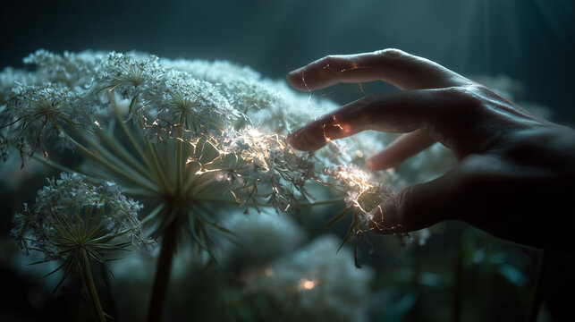 A beautiful yet unsettling macro photo symbolizing phototoxicity, a hand touching a flower causing a glowing reaction.