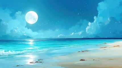 A serene moonlit beach with gentle waves, a glowing full moon, and a calm, starry night sky.