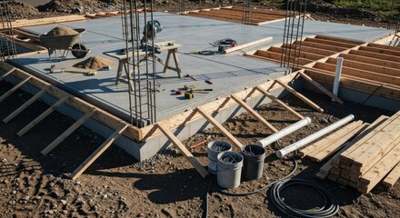 Concrete foundation under construction, steel bars and wood framing around
