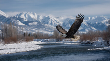 A majestic bald eagle soaring gracefully over a winding river, with snow-covered banks and leafless winter trees. In the background, towering snow-capped mountains rise under a clear blue sky, creatin