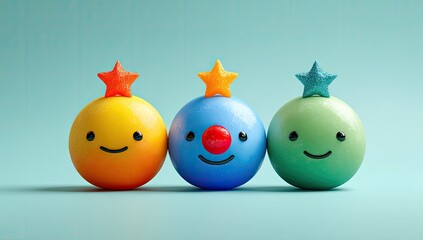 Three colorful, spherical, happy faces, each topped with a star