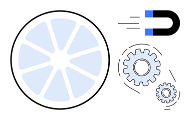 Magnet attracting moving cogs beside a segmented circular shape, symbolizing ideas thumbs up innovation, teamwork, attraction. Ideal for strategy, technology, processes, mechanics, progress