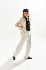 Elegant expressions of modern fashion with a striking, handsome feminine man in stylish attire