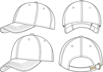 Technical flat sketch of baseball cap with front, side, top, and back views featuring adjustable strap, detailed stitching, and classic design for apparel.