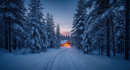 Cozy cabin glows in a snowy forest, trail leading through winter landscape