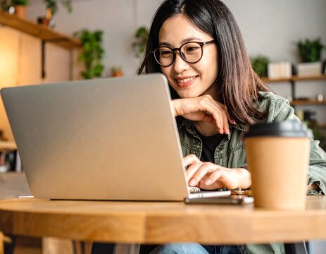 Happy Young Asian Businesswoman Working on Laptop in Coffee Shop – Online Meeting, Remote Work, and Digital Nomad Lifestyle - Powered by Adobe