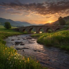 "Golden Sunset Landscape with River, Stone Bridge, Wildflowers, and Mountain View – Tranquil Nature Photography."