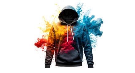 A dynamic hoodie showcasing an explosion of yellow red and blue smoke ideal for streetwear fashion or creative advertising campaigns. This design is perfect for captivating visuals.