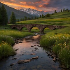 "Golden Sunset Landscape with River, Stone Bridge, Wildflowers, and Mountain View – Tranquil Nature Photography."
