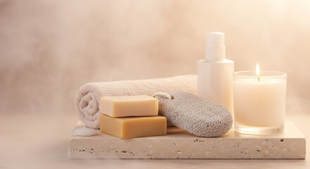 Relaxing spa essentials with candle, soap, and towel