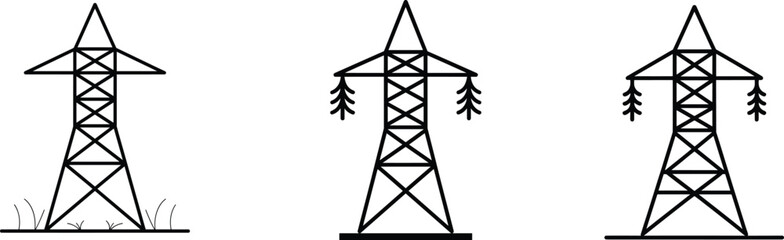 Vector illustration of electric transmission towers with different base designs, power lines, and structural details in black and white outline style.
