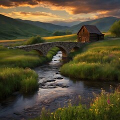 "Golden Sunset Landscape with River, Stone Bridge, Wildflowers, and Mountain View – Tranquil Nature Photography."