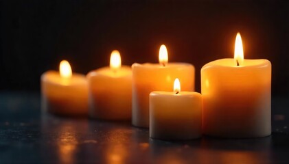 Close-up of several flickering candles, warm candlelight illuminating a dark background, creating a peaceful and serene atmosphere Perfect for relaxation, meditation, or spa themes , light, orange