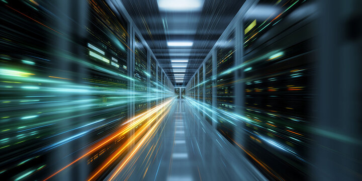 Server room glowing with green and orange fast light trails
