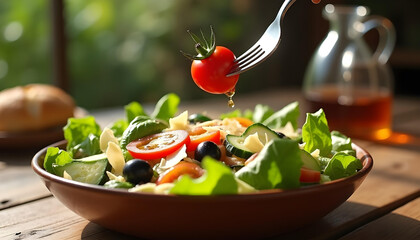 Salad with tomatoes and feta, Fresh salad with tomatoes, a cinematic wide-angle shot of a rustic Italian salad in a hand-crafted ceramic bowl, sunlit on a wooden farmhouse table. 