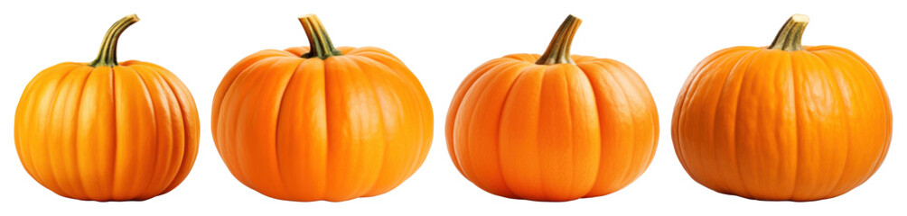 Obraz na płótnie Canvas PNG Four vibrant orange pumpkins aligned, element set on transparent background