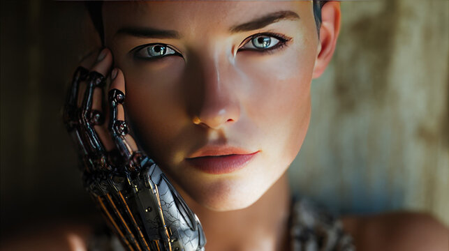 A portrait of a cyborg woman staring into the camera with a serious expression