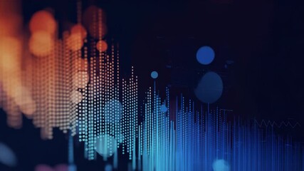 Abstract digital background with glowing dots and waveforms in blue and orange, representing data analytics, sound visualization, and futuristic technology on a dark interface with bokeh. - Powered by Adobe