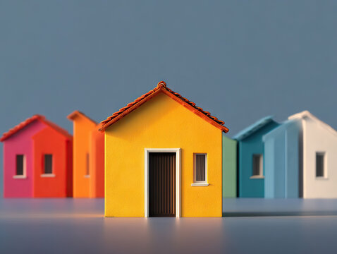 Colorful miniature houses with vibrant tones and playful design, arranged row smooth surface, creating cheerful atmosphere