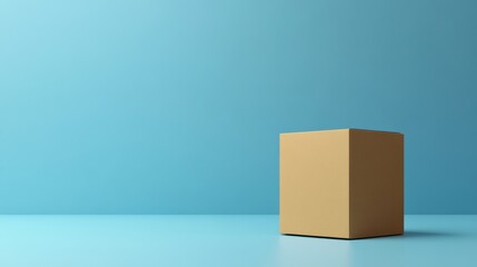 Minimal cardboard cube on solid blue background for product packaging branding abstract design visual display photography concept