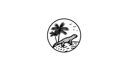 Obraz premium Outlined tropical scene lizard, palms, waves, birds in circular frame