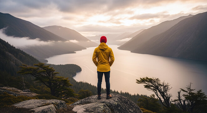 Back view of male tourist with rucksack standing on coast in front of great mountain massif while journey. Man traveler wearing yellow jacket with backpack explore nature. Wanderlust lifestyle