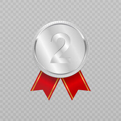 3D realistic silver awards with transparent background. Second place blank medals