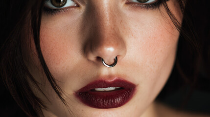 Close-up of a captivating face featuring a septum piercing and bold lipstick, exuding confidence and beauty.