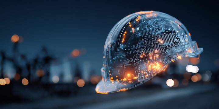 Transparent glowing helmet with orange light and futuristic construction concept
