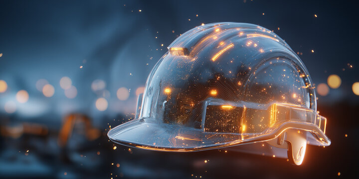 Transparent safety helmet with glowing orange light and futuristic industry concept
