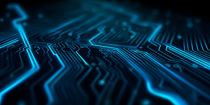 Blue glowing circuit board close-up with futuristic digital technology
