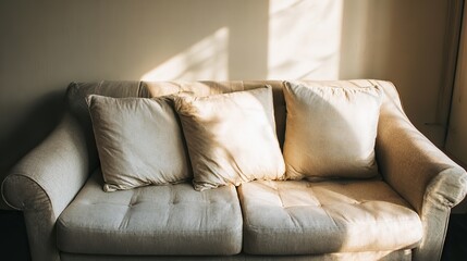 Obraz premium Beige sofas, pillows and cushions in light gray and white patterns rest against the walls of an empty room, without other furniture or decorations, providing space for text or product implantation.