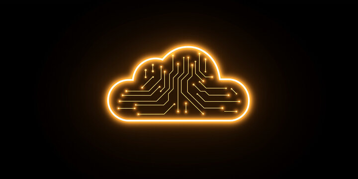 Orange neon cloud icon with glowing digital circuit design
