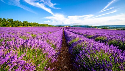 Fototapeta premium Breathtaking summer landscape of a vibrant purple lavender field with endless rows under a scenic blue sky.