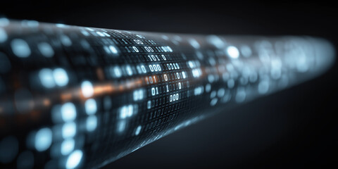 Blue glowing data stream in futuristic fiber optic cable close-up
