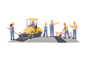 Road Construction Crew with Asphalt Paver and Workers on Street.