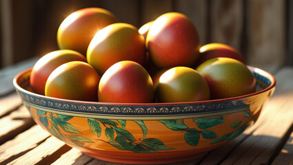Vibrant ripe mangoes overflow a decorative bowl, bathed in warm sunlight, promising tropical sweetness and healthy indulgence