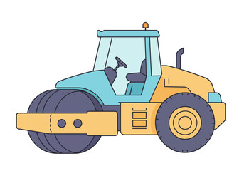 Cartoon Road Roller Illustration with Blue and Yellow Design Elements.
