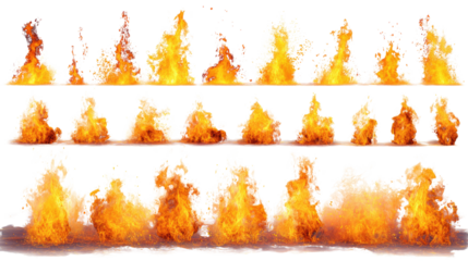 Set of vibrant, colorful flame graphics on a transparent background for creative projects.