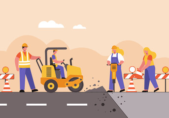 Road Construction Crew Working with Heavy Equipment and Safety Cones.