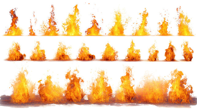 Set of vibrant, colorful flame graphics on a transparent background for creative projects.